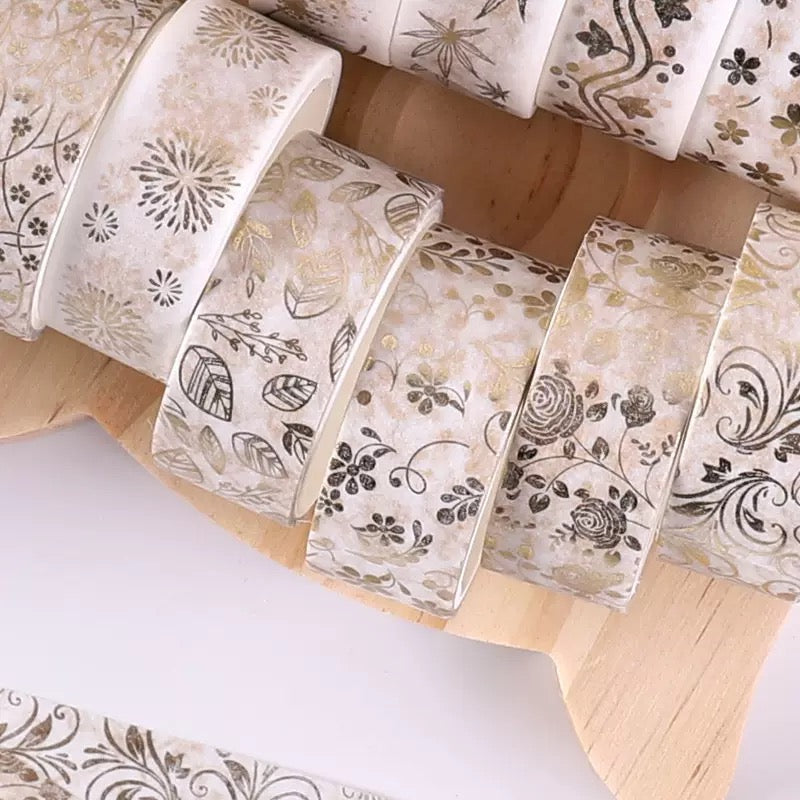 Gold Foil Washi Tape Set, Floral Pattern, 12 Rolls