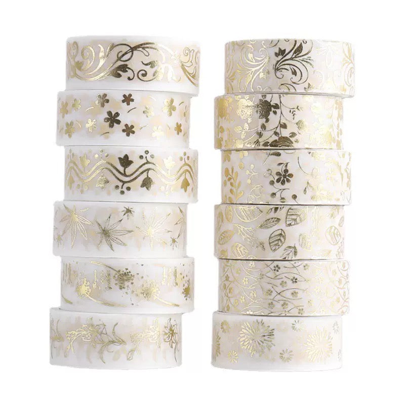 Gold Foil Washi Tape Set, Floral Pattern, 12 Rolls
