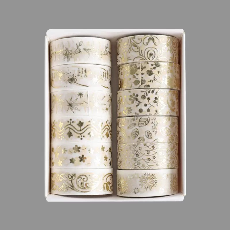 Gold Foil Washi Tape Set, Floral Pattern, 12 Rolls